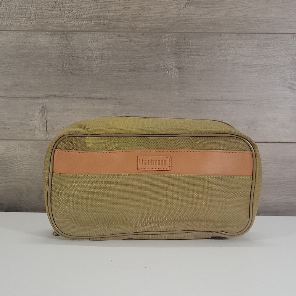 Hartmann Olive Green Travel Toiletry Bag with Tan Leather Trim